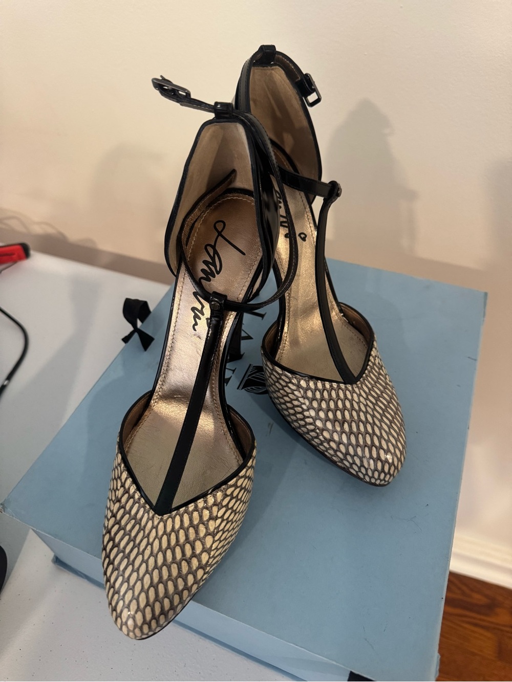 Lanvin Black Strappy Pointed Pumps with Cream Snakeskin Pattern
